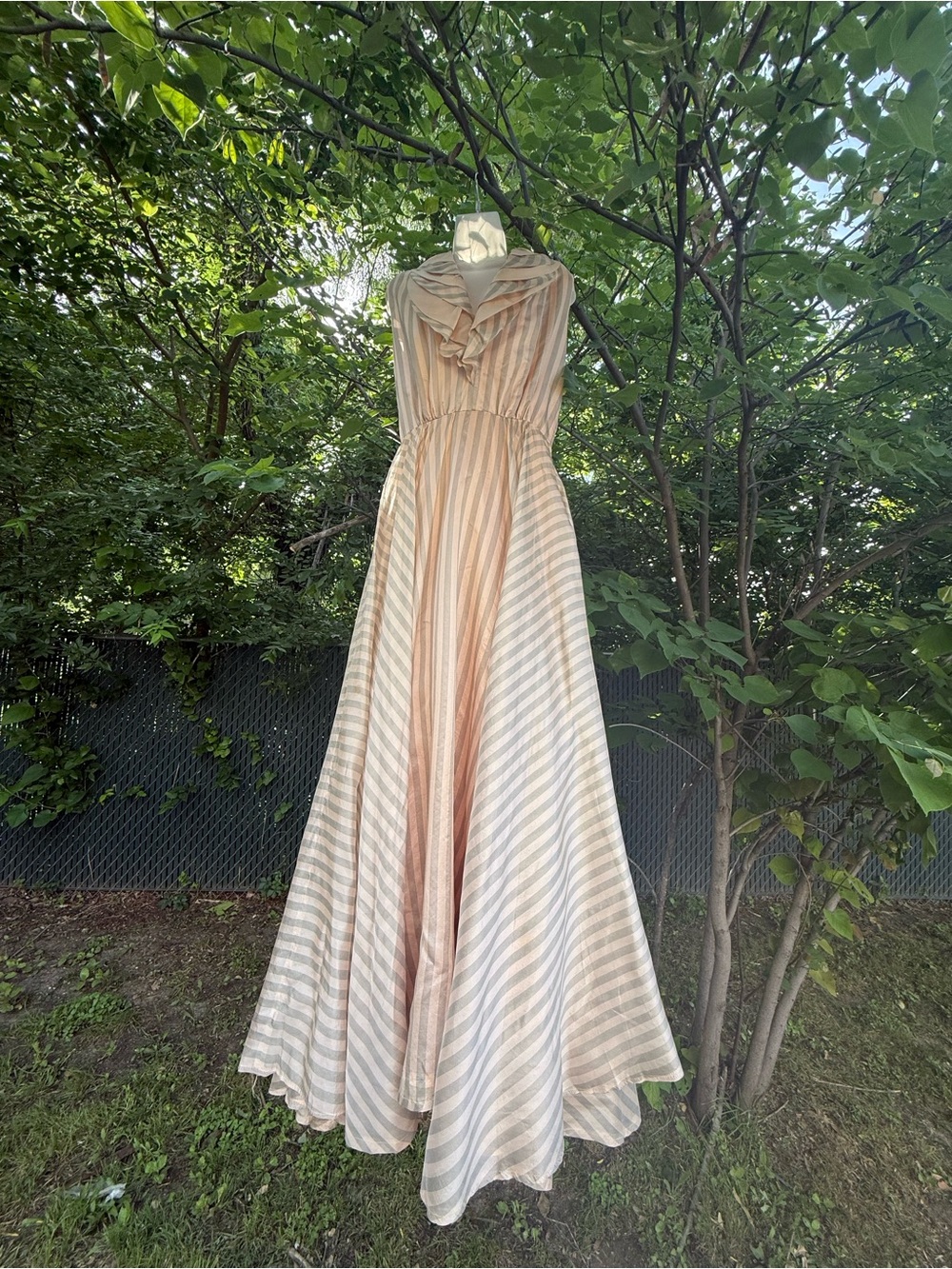 Vintage Sleeveless Striped Handmade Maxi Dress Pale Pink Grey S/M